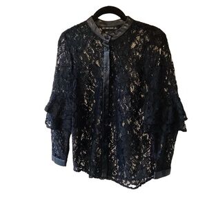 Zara Basic Lace Button Up Top Long Sleeves Size XS Black Whimsigoth Dark Fairy